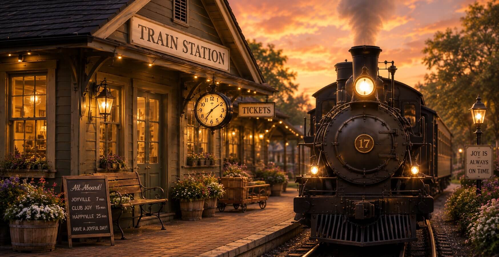 The Train Station, a quiet, lavender-lit station where joy boards.